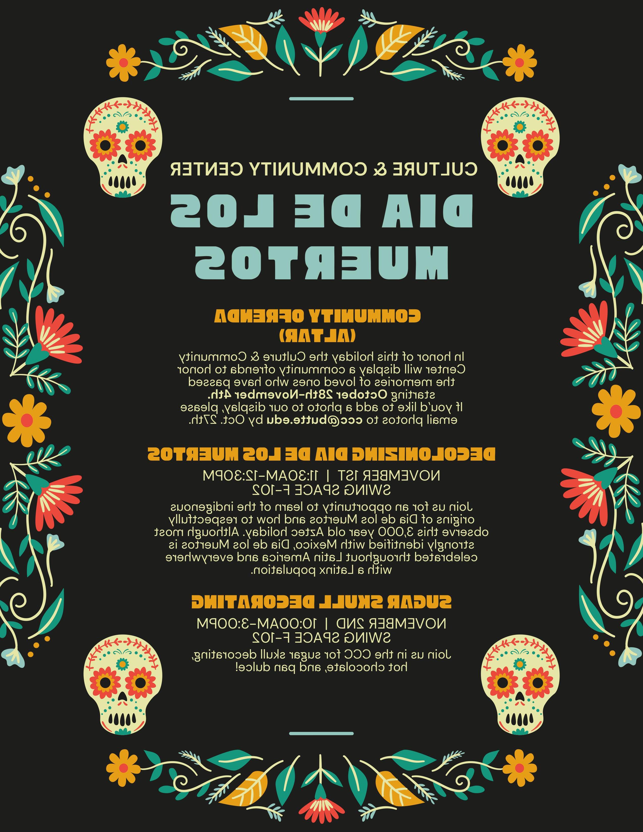 a graphivc featuring sugar skulls and names and times of events as described in press release